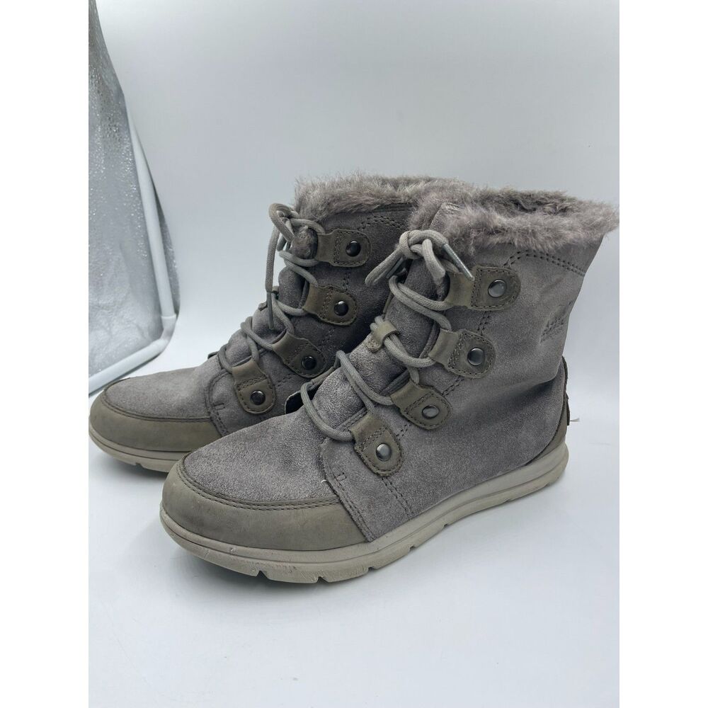 Sorel Explorer Joan Waterproof Winter Boots Quarry Gray Suede Faux Fur Women 10
